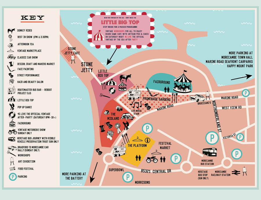 Festival programme layout design vintage event map